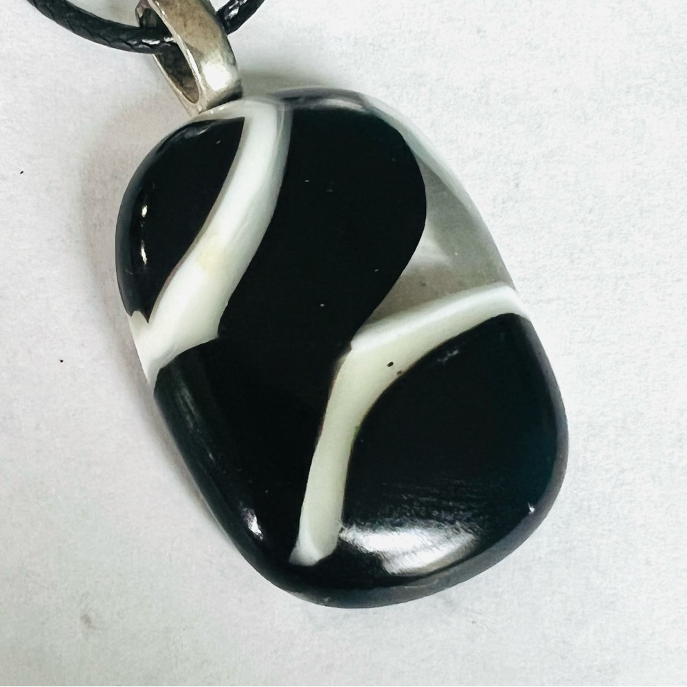 Necklace Black White and French Vanilla Cream Striped Glass Pendant